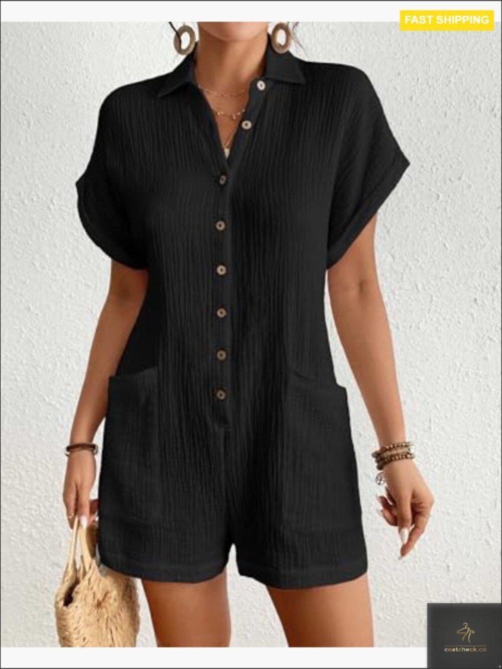 Cotton Button Down Romper Short Sleeve Casual Summer Jumpsuit With Pockets - Picture 3 of 7